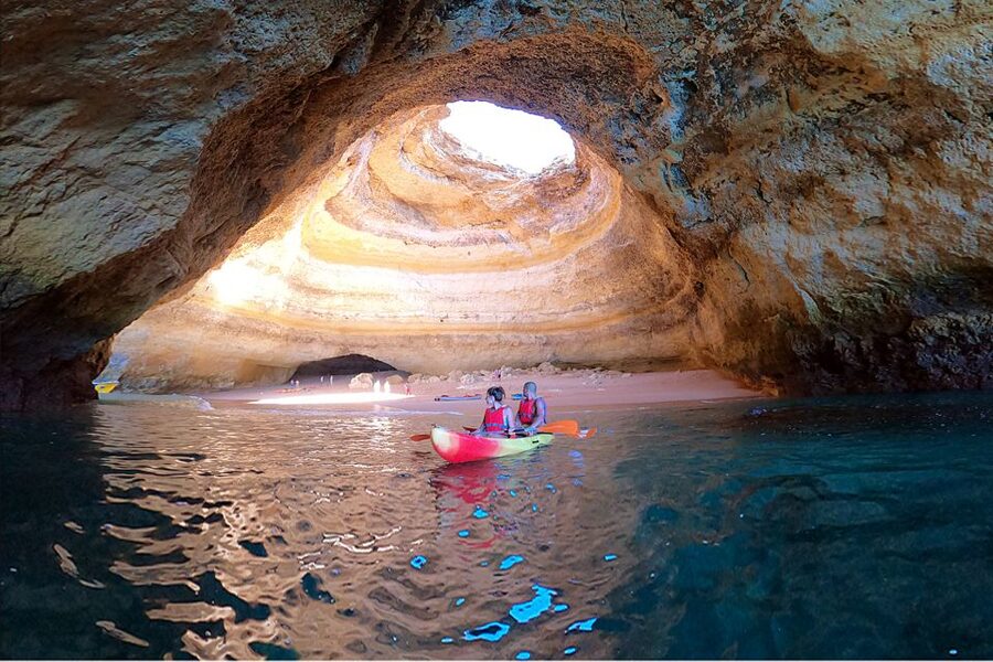 Benagil: Kayaking Adventure in Benagil Caves & Marinha Beach - Learning the kayak before entering the caves