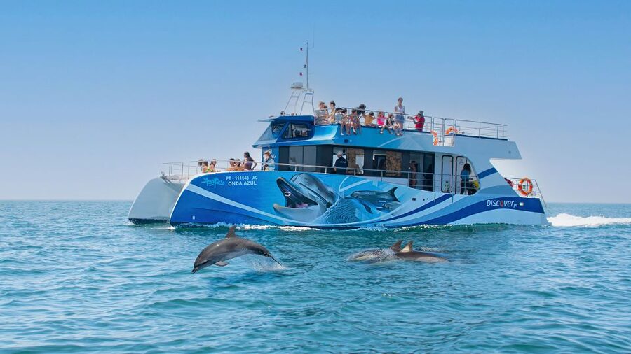 Lagos: Dolphins & Caves - Catamaran - Leaving Marina de Lagos on a spacious catamaran